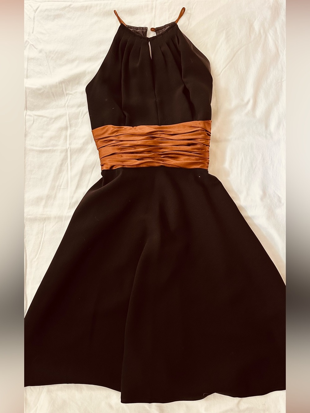 London Times Black Cocktail Dress with Copper Waist Sash